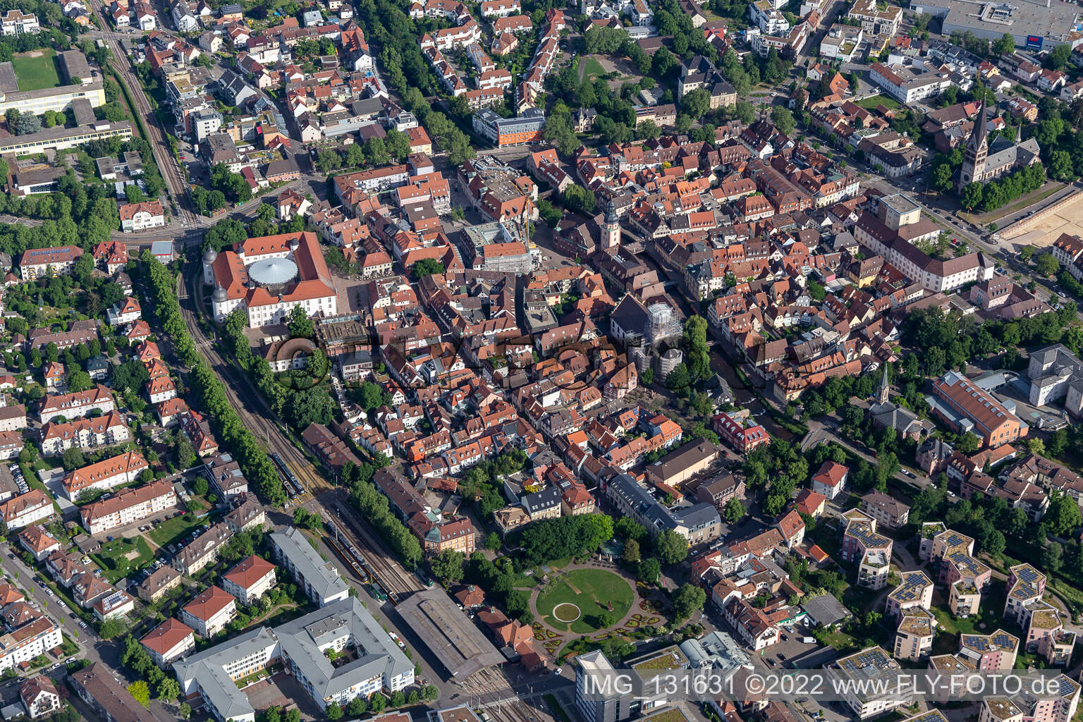 Aerial view of Historical old city in Ettlingen in the state Baden-Wuerttemberg, Germany