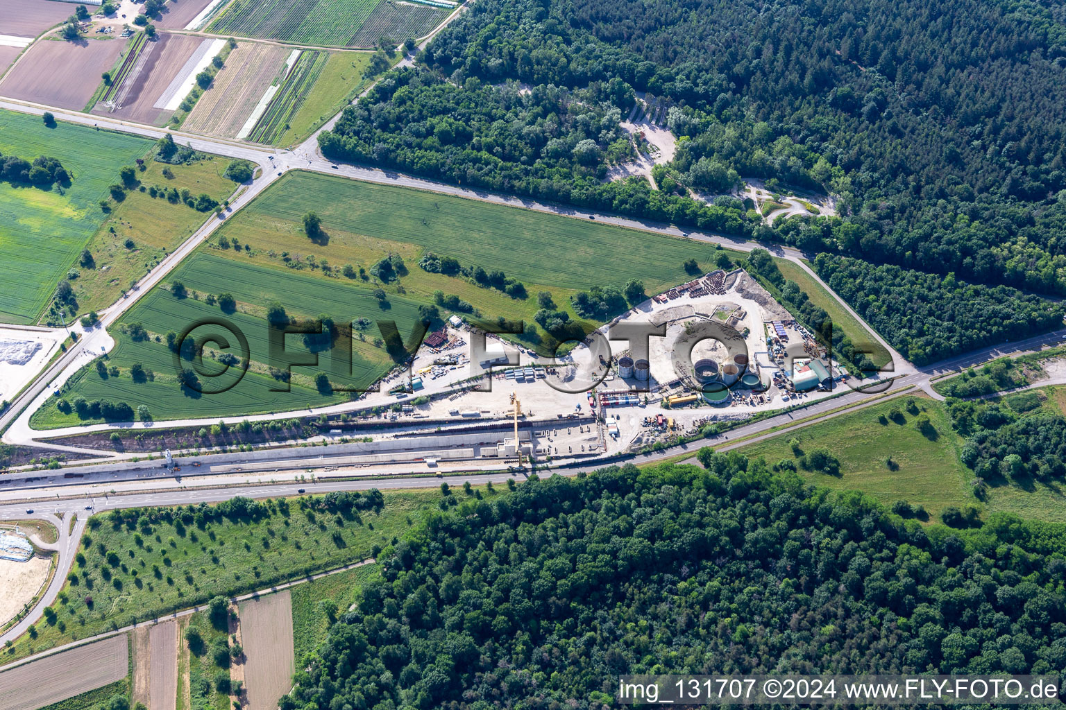 Aerial view of Rastatt Tunnel Information Center in Ötigheim in the state Baden-Wuerttemberg, Germany