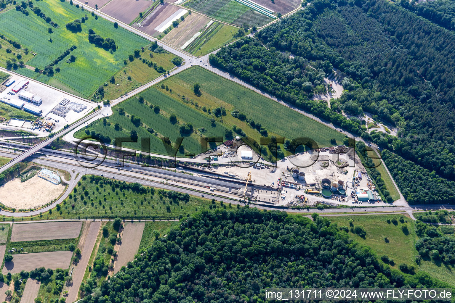 Rastatt Tunnel Information Center in Ötigheim in the state Baden-Wuerttemberg, Germany from above