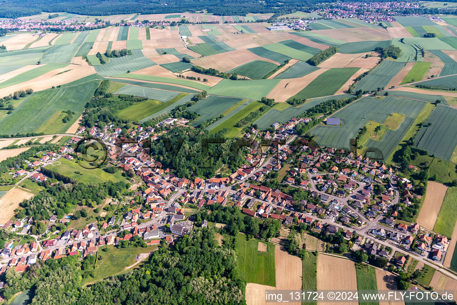 Neewiller-près-Lauterbourg in the state Bas-Rhin, France seen from a drone