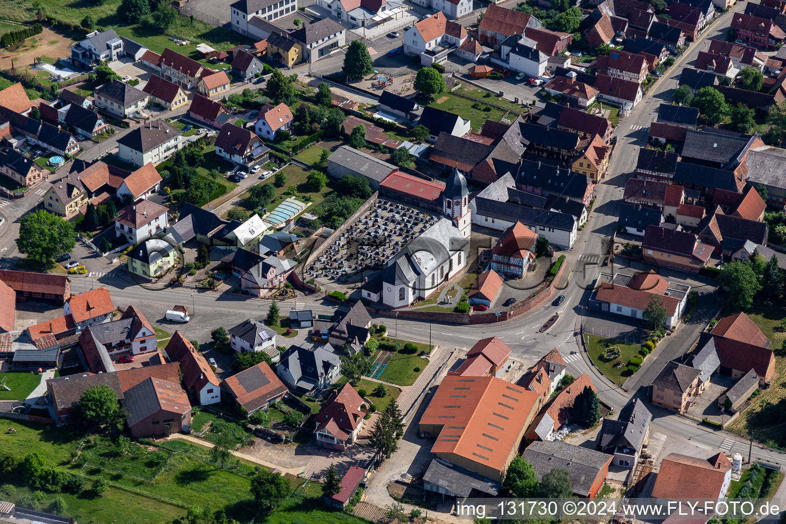 Aerial view of Eglise Sainte-Marguerite de Niederlauterbach in Niederlauterbach in the state Bas-Rhin, France