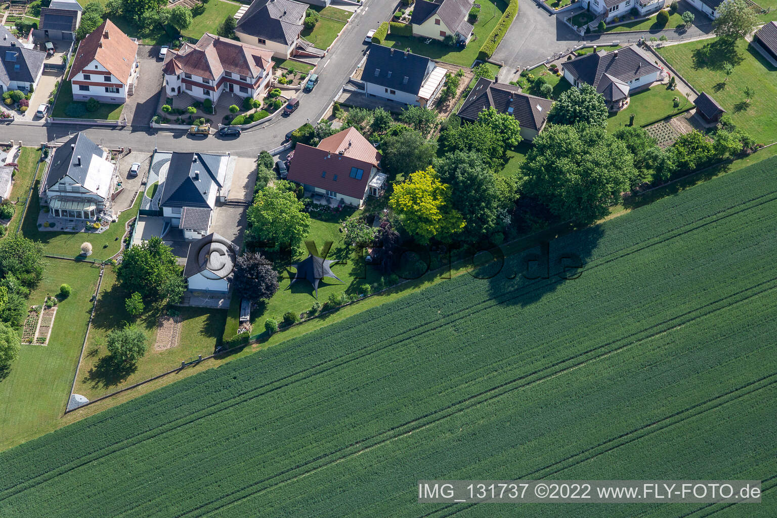 Aerial view of Rue des Violettes in Schleithal in the state Bas-Rhin, France