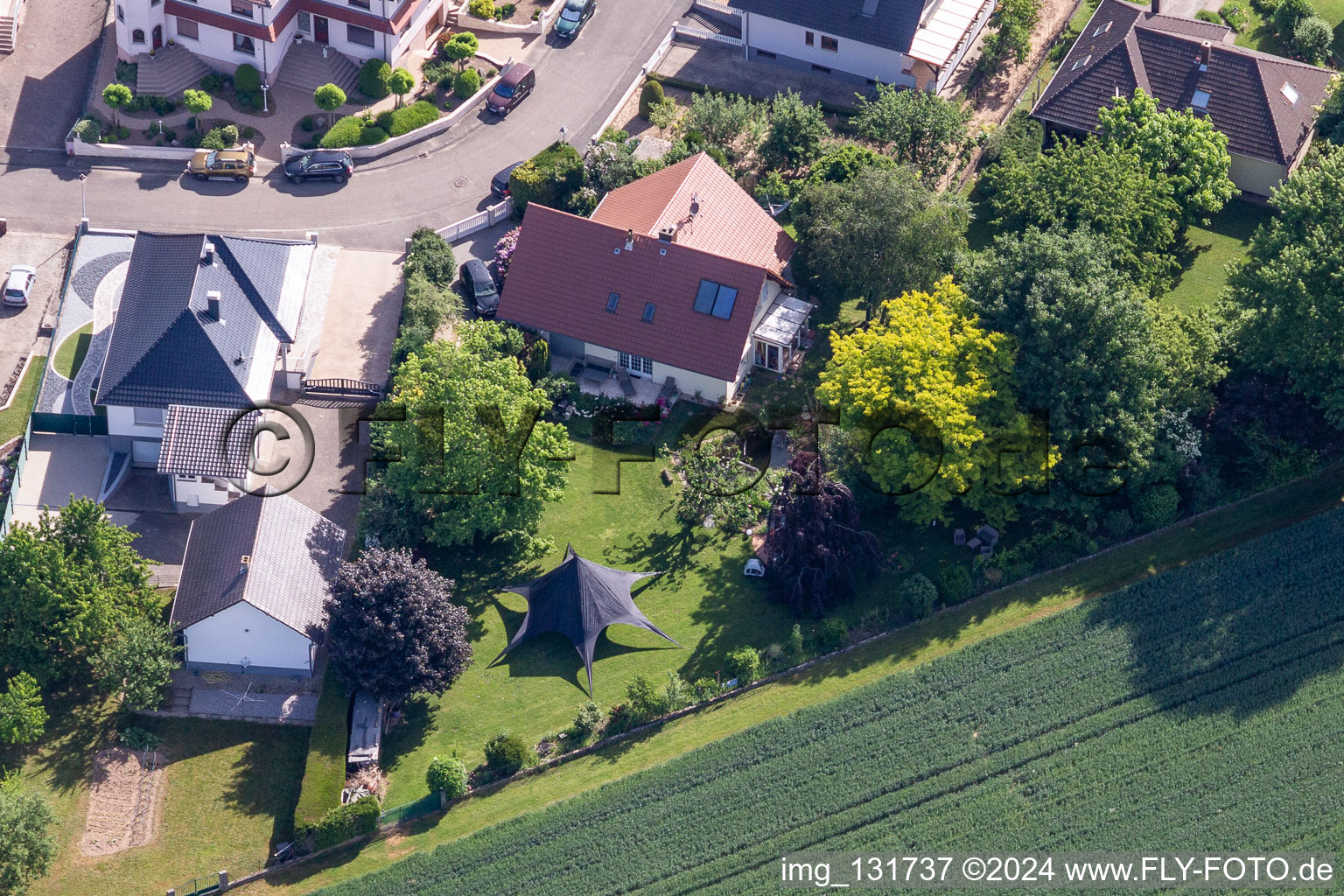 Aerial view of Rue des Violettes in Schleithal in the state Bas-Rhin, France