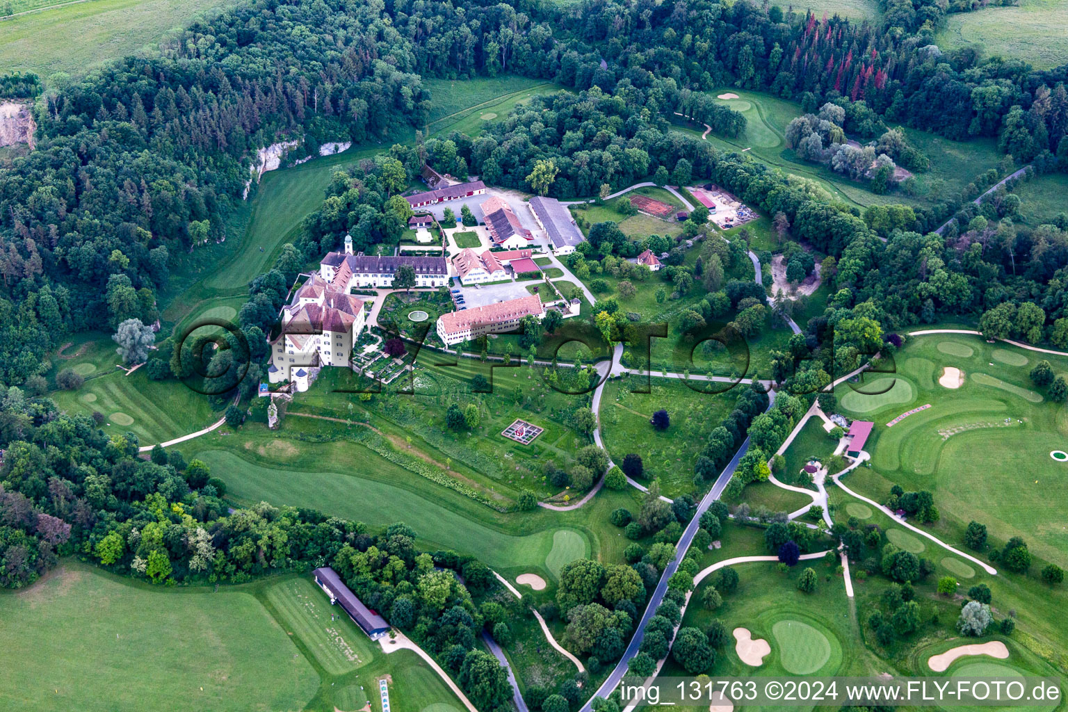 Oblique view of The Country Club Schloss Langenstein - The golf course on Lake Constance in the district Orsingen in Orsingen-Nenzingen in the state Baden-Wuerttemberg, Germany