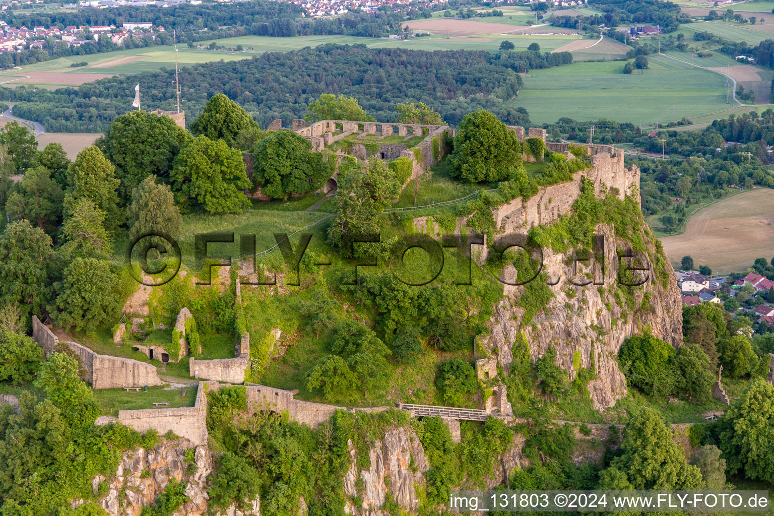 Hohentwiel with fortress ruins from 914 and panoramic views is an extinct volcano in Singen in the state Baden-Wuerttemberg, Germany from the plane