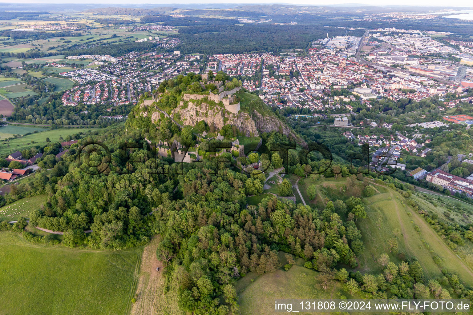 Hohentwiel with fortress ruins from 914 and panoramic views is an extinct volcano in Singen in the state Baden-Wuerttemberg, Germany viewn from the air