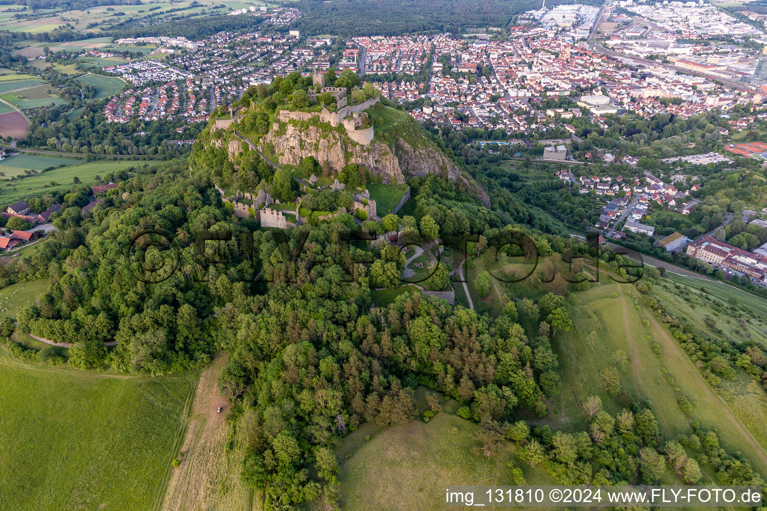 Hohentwiel with fortress ruins from 914 and panoramic views is an extinct volcano at Singen in Singen in the state Baden-Wuerttemberg, Germany