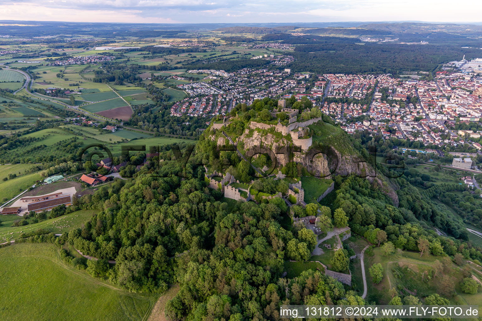 Drone recording of Hohentwiel with fortress ruins from 914 and panoramic views is an extinct volcano in Singen in the state Baden-Wuerttemberg, Germany