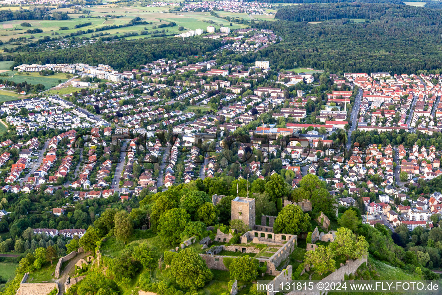 Karlsbastion at Hohentwiel with fortress ruins from 914 and panoramic view is an extinct volcano in Singen in the state Baden-Wuerttemberg, Germany