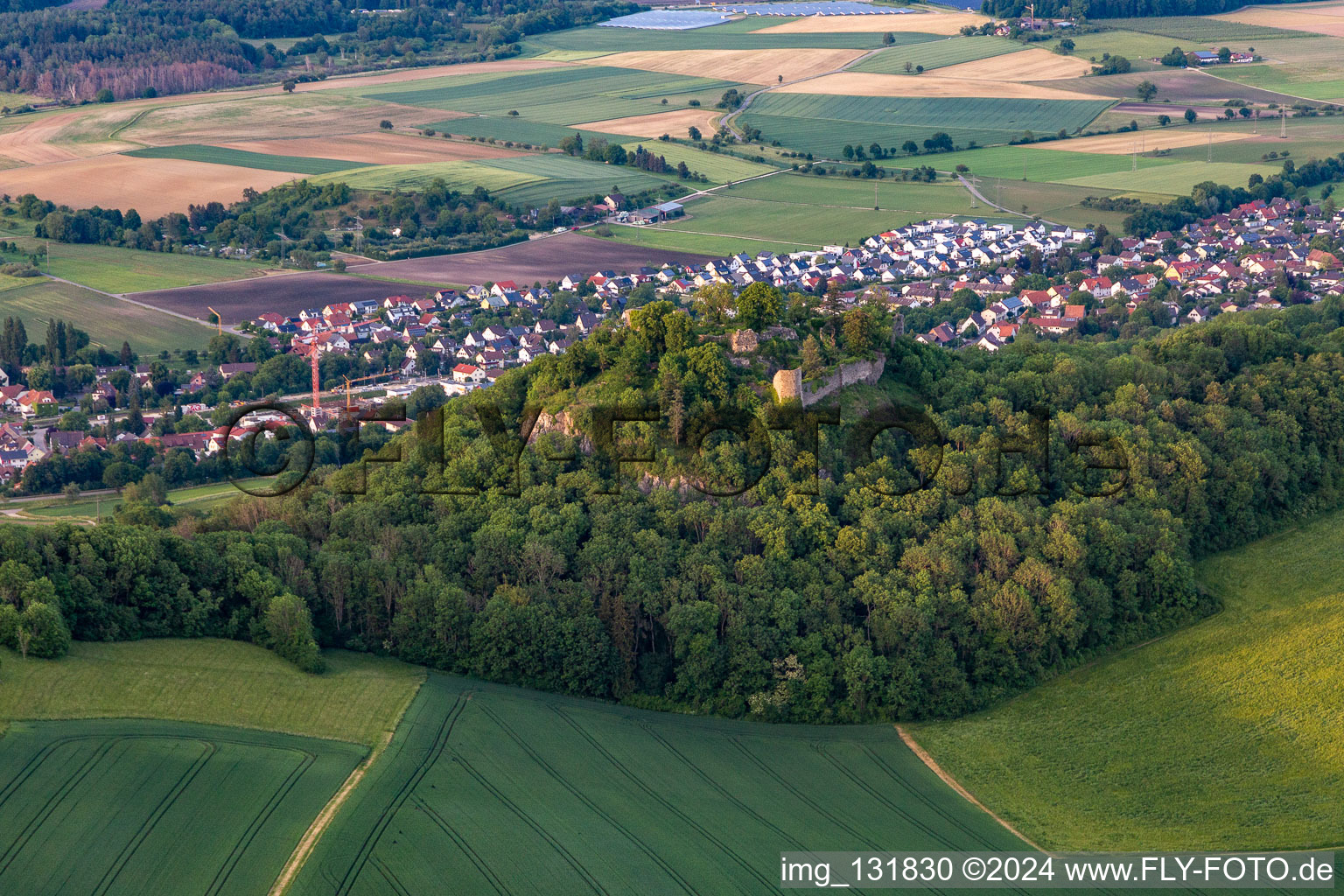 Aerial view of Hohenkrähen Castle Ruins in the district Duchtlingen in Hilzingen in the state Baden-Wuerttemberg, Germany