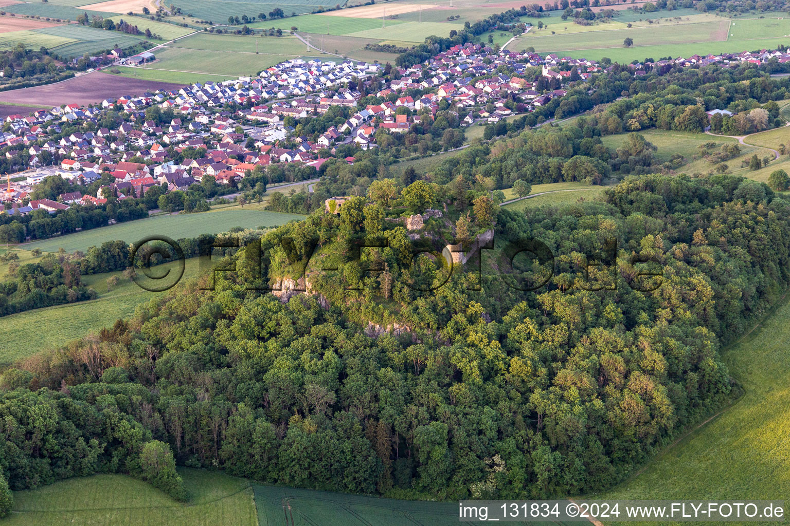 Aerial photograpy of Hohenkrähen Castle Ruins in the district Duchtlingen in Hilzingen in the state Baden-Wuerttemberg, Germany