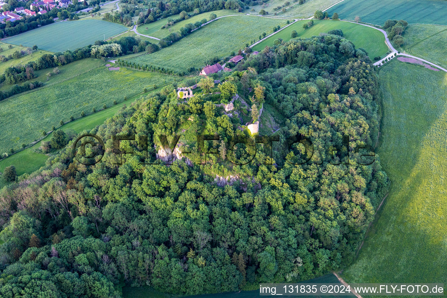 Oblique view of Hohenkrähen Castle Ruins in the district Duchtlingen in Hilzingen in the state Baden-Wuerttemberg, Germany