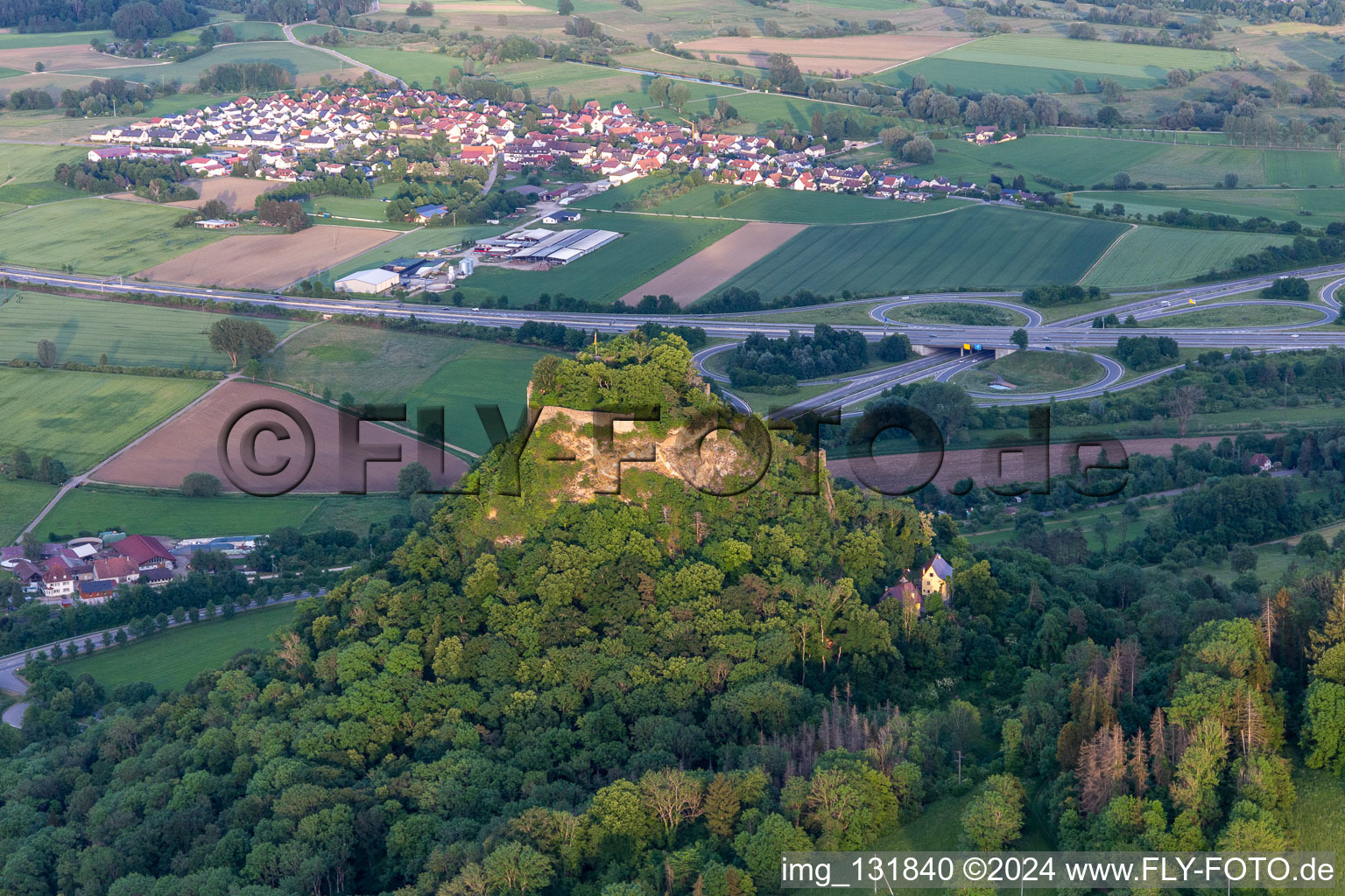 Hohenkrähen Castle Ruins in the district Duchtlingen in Hilzingen in the state Baden-Wuerttemberg, Germany from above