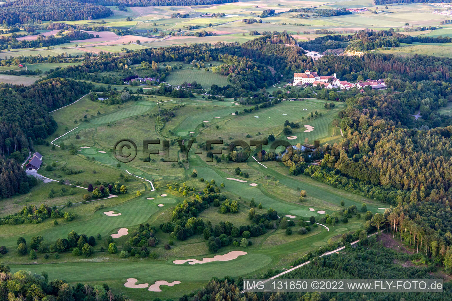 The Country Club Schloss Langenstein - The golf course on Lake Constance in Orsingen-Nenzingen in the state Baden-Wuerttemberg, Germany viewn from the air