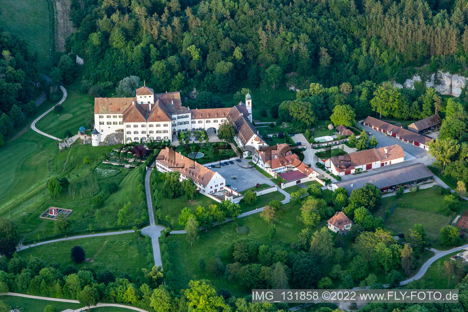 Aerial view of The Country Club Schloss Langenstein - The golf course on Lake Constance in Orsingen-Nenzingen in the state Baden-Wuerttemberg, Germany