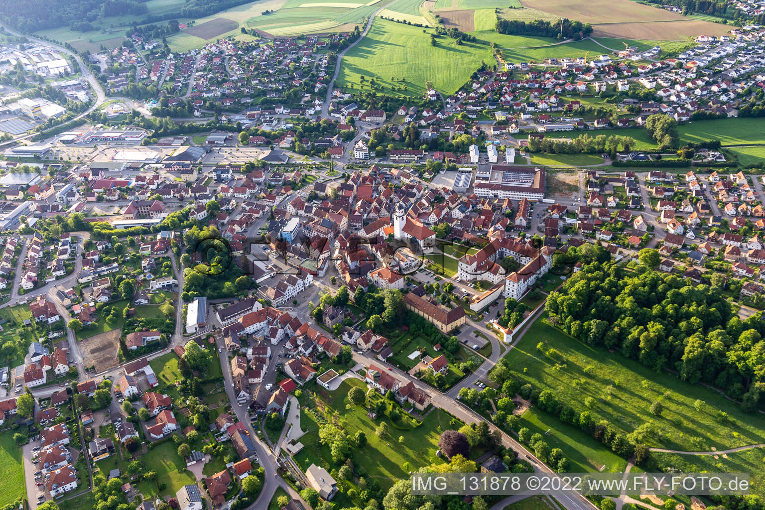 Aerial view of Castle Meßkirch and Church of St. Martin in Meßkirch in the state Baden-Wuerttemberg, Germany