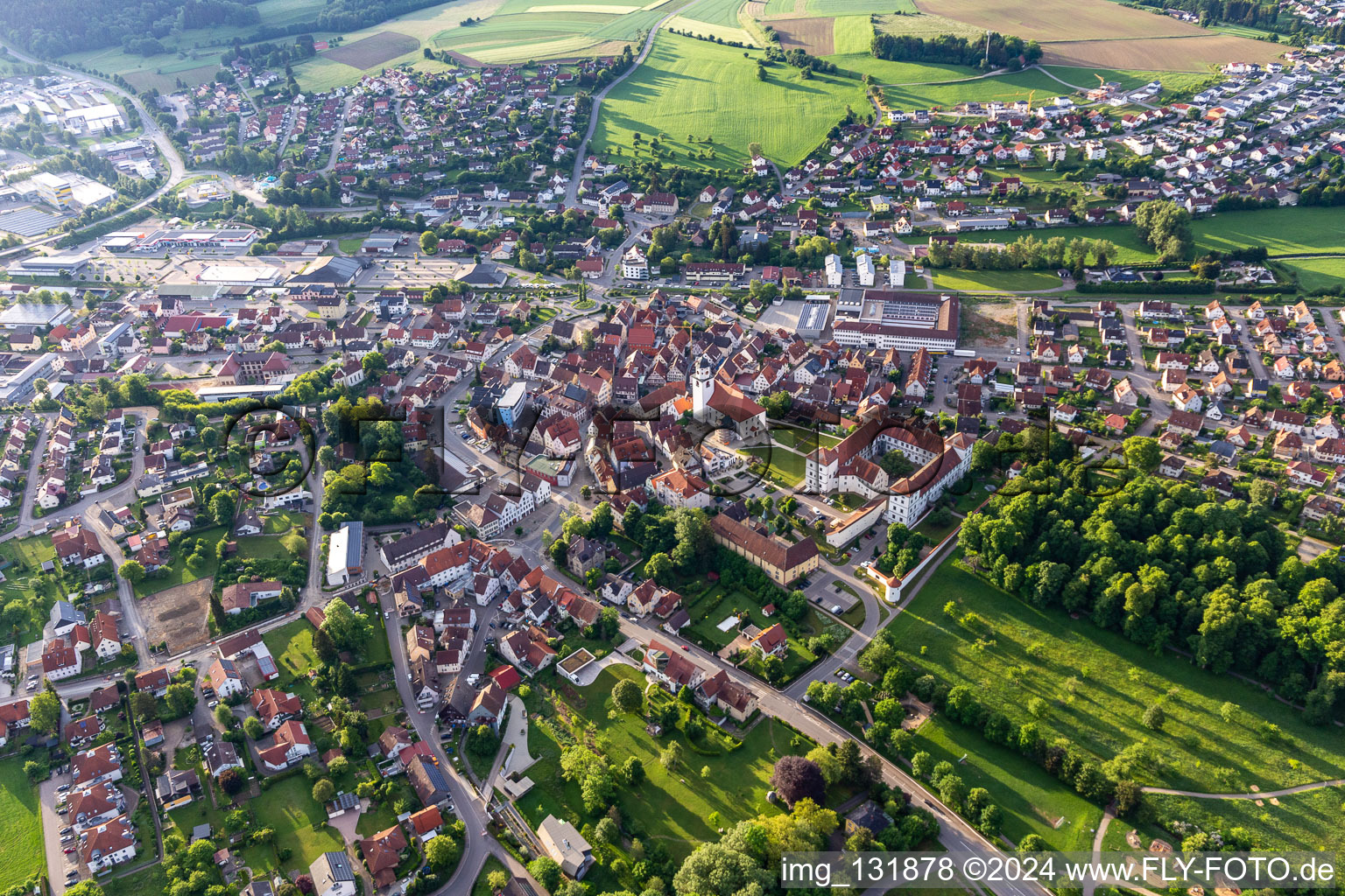 Aerial view of Castle Meßkirch and Church of St. Martin in Meßkirch in the state Baden-Wuerttemberg, Germany