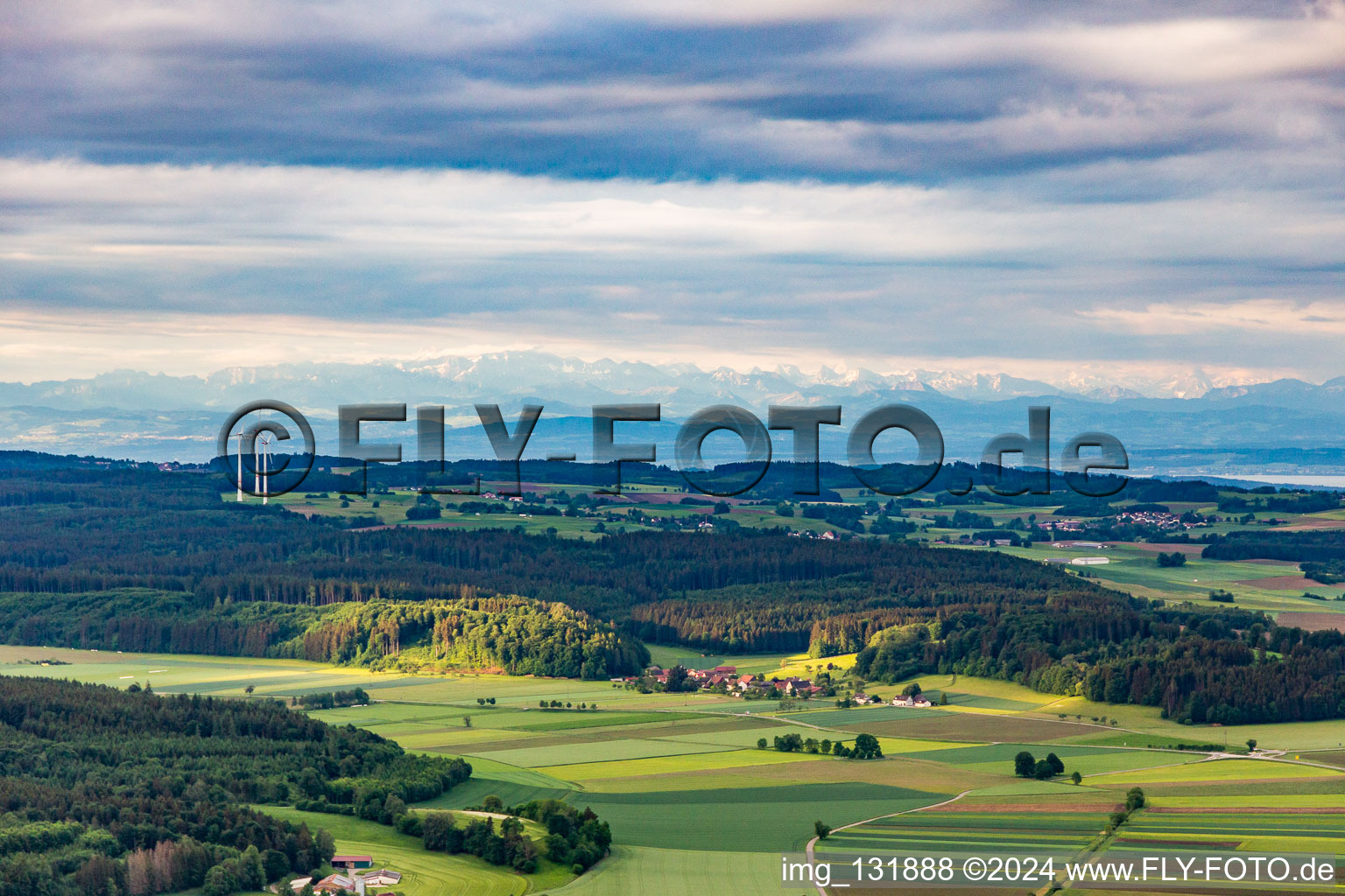 Sylvenstal with a view of the Alps beyond Lake Constance in the district Denkingen in Pfullendorf in the state Baden-Wuerttemberg, Germany