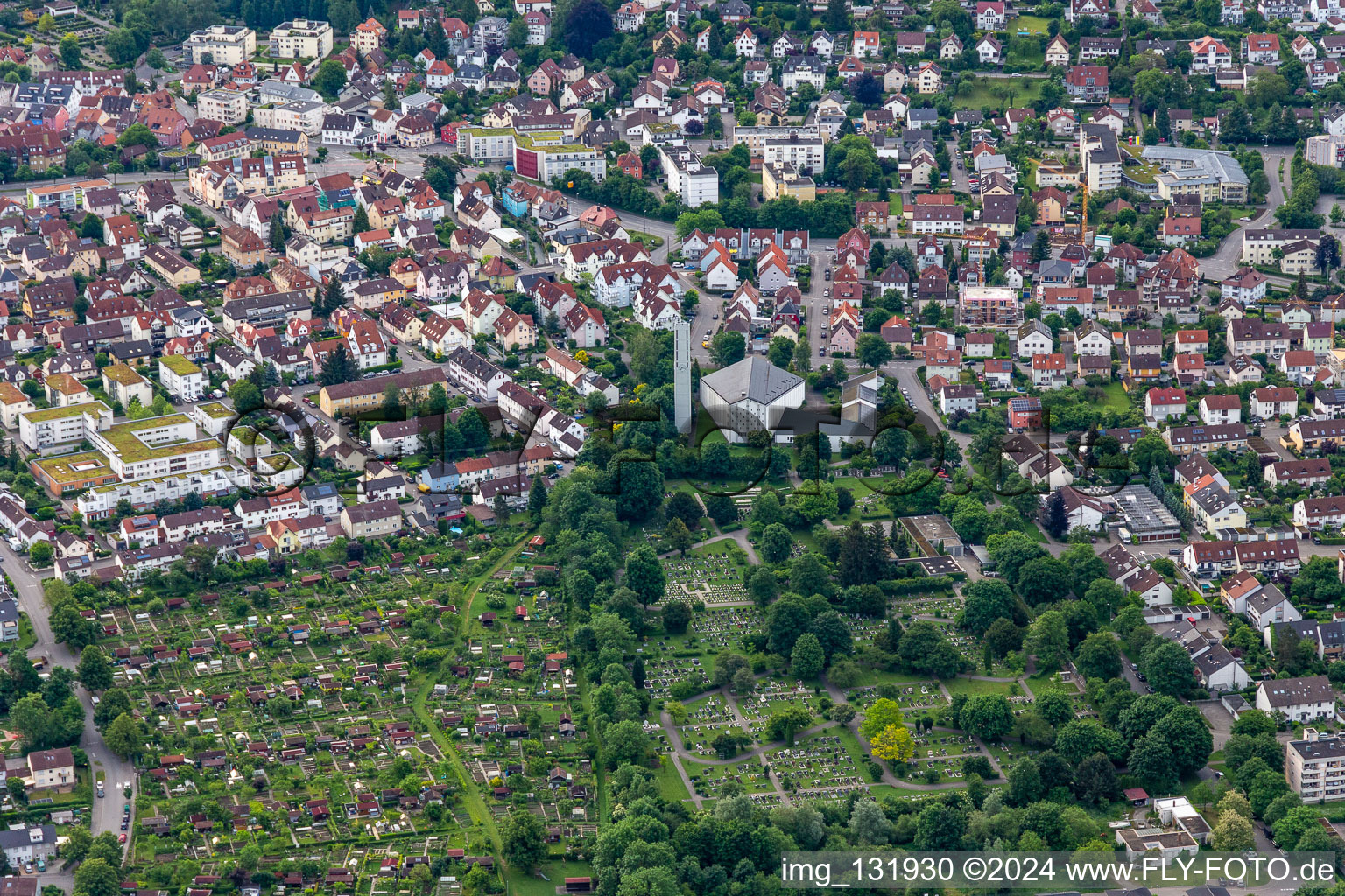 Aerial view of Weingarten Cemetery (St. Mary’s Cemetery), Weingarten in Weingarten bei Ravensburg in the state Baden-Wuerttemberg, Germany