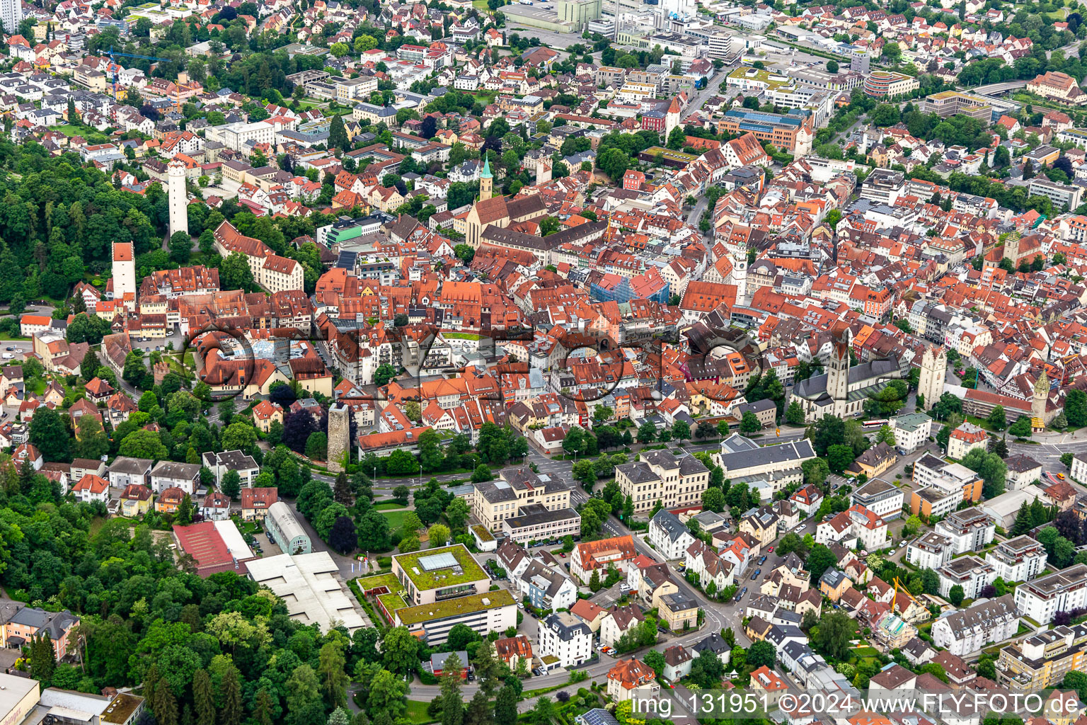 Aerial view of Old Town in Ravensburg in the state Baden-Wuerttemberg, Germany