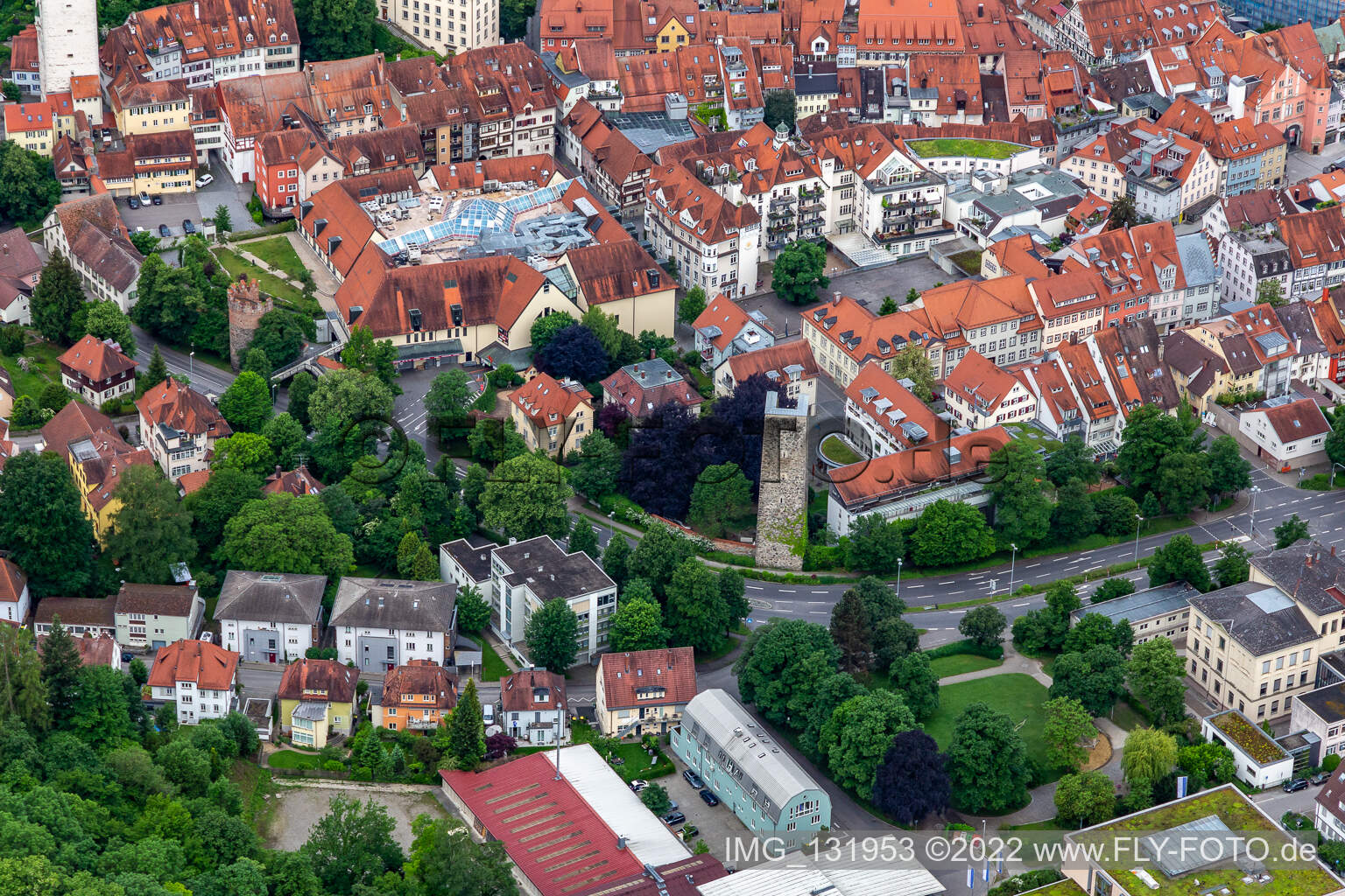 Old town with Schellenberger Tower and Gänsbühl Center in Ravensburg in the state Baden-Wuerttemberg, Germany