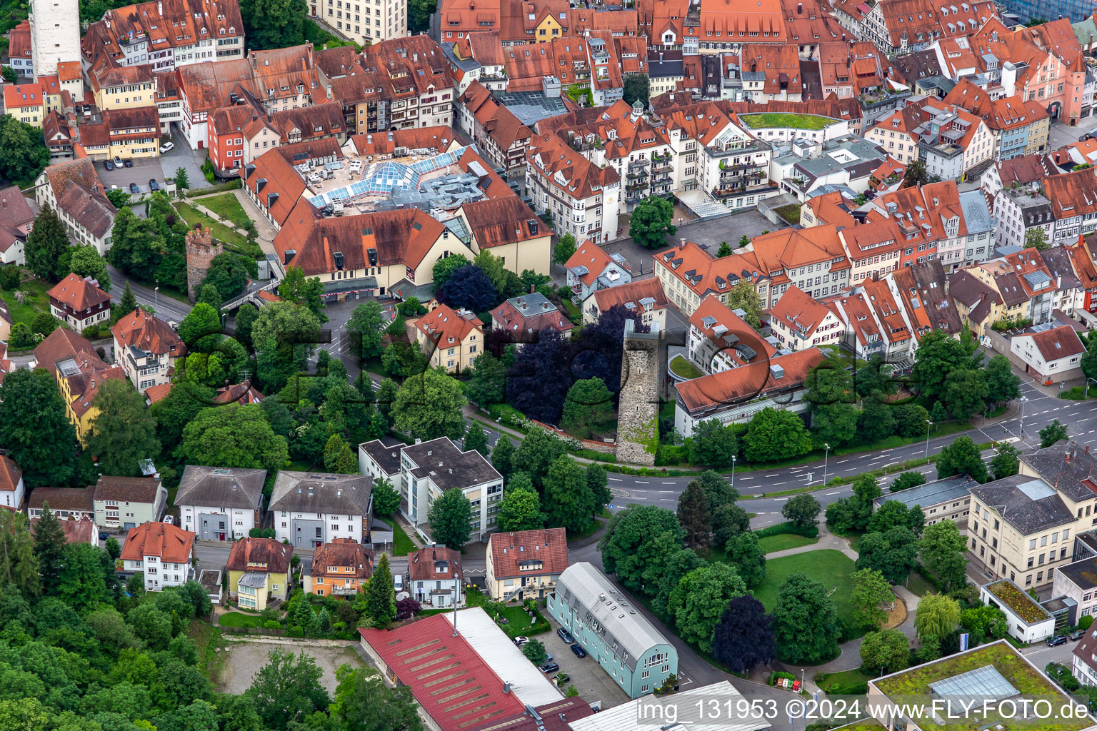 Old town with Schellenberger Tower and Gänsbühl Center in Ravensburg in the state Baden-Wuerttemberg, Germany