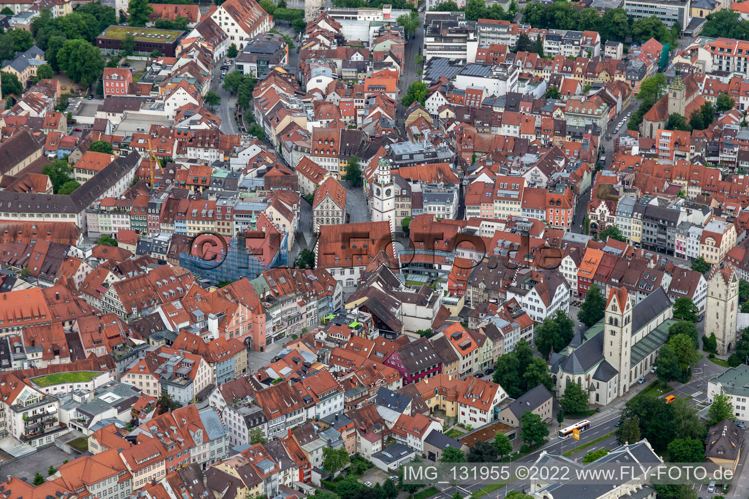 Historic old town with Blaserturm and swearing hall in Ravensburg in the state Baden-Wuerttemberg, Germany