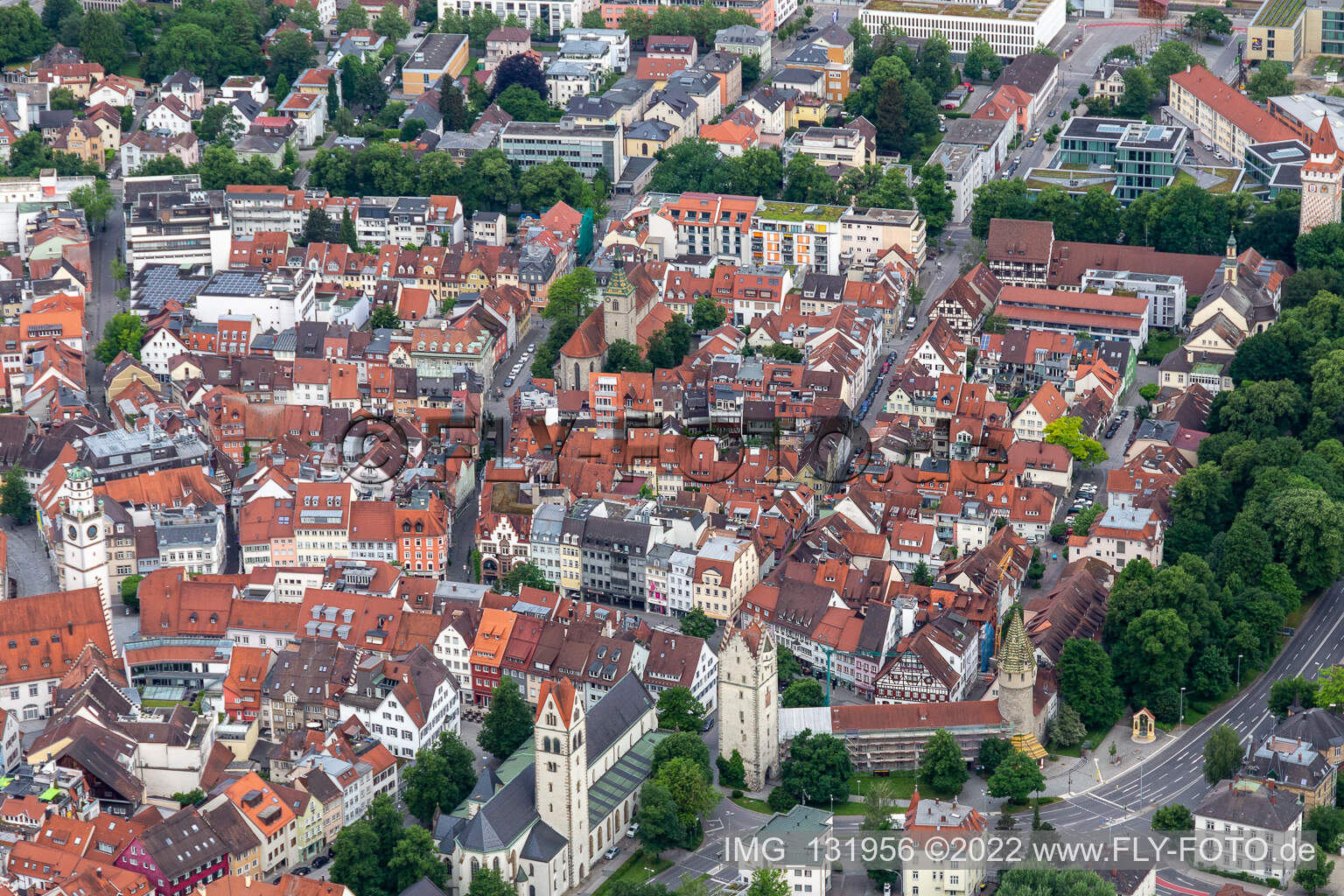 Historic old town with St. Jodok Church and Green Tower in Ravensburg in the state Baden-Wuerttemberg, Germany
