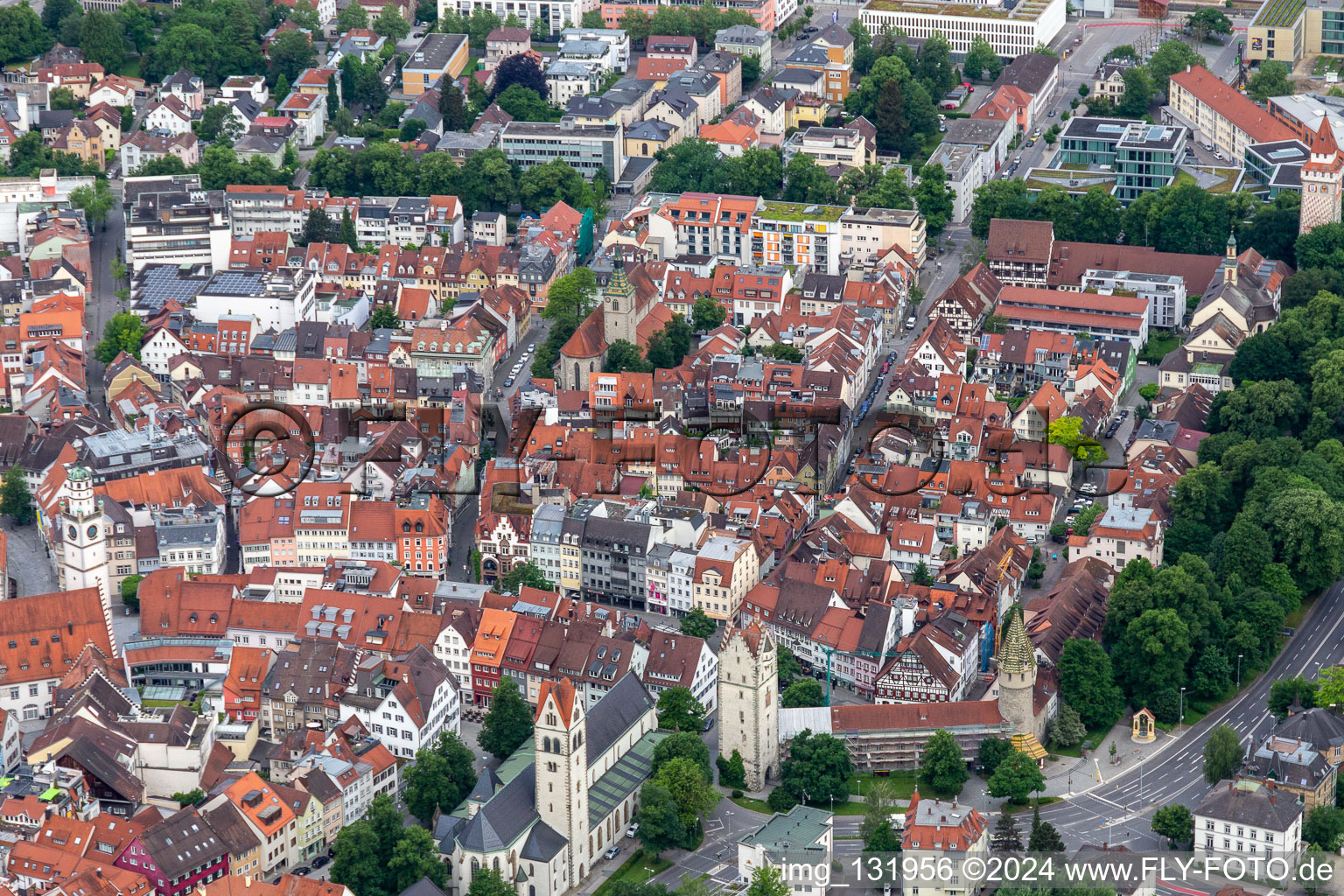 Historic old town with St. Jodok Church and Green Tower in Ravensburg in the state Baden-Wuerttemberg, Germany