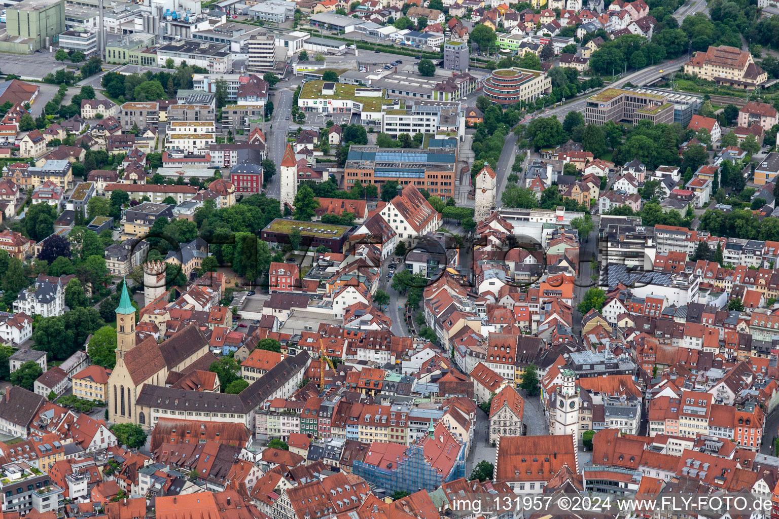 Historic old town with Evangelical City Church and Untertor in Ravensburg in the state Baden-Wuerttemberg, Germany