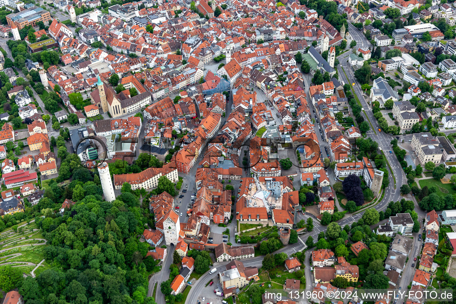 Historic old town of Ravensburg with Mehlsack, Evangelical City Church and Obertor in Ravensburg in the state Baden-Wuerttemberg, Germany