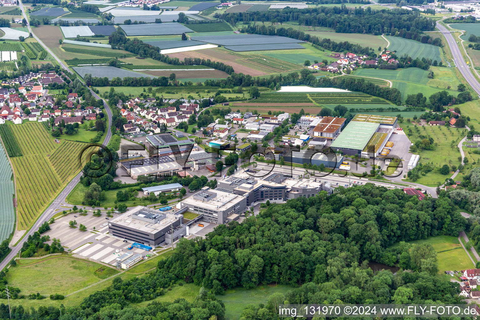 Aerial view of Vetter Pharma GmbH & Co. KG in the district Torkenweiler in Ravensburg in the state Baden-Wuerttemberg, Germany