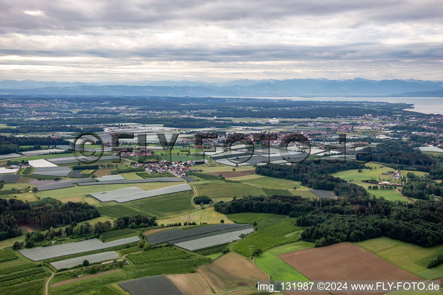 Lake Constance panorama from Langenargen in the district Mariabrunn in Eriskirch in the state Baden-Wuerttemberg, Germany