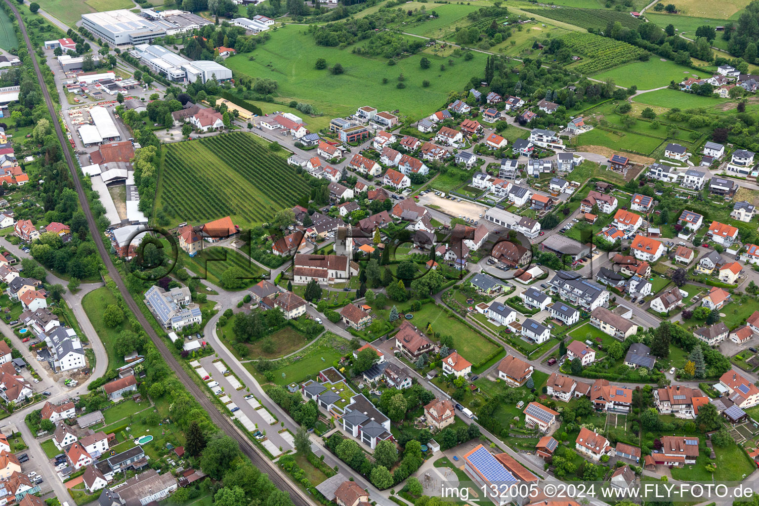 Aerial view of Church of St. George in Bermatingen in the state Baden-Wuerttemberg, Germany