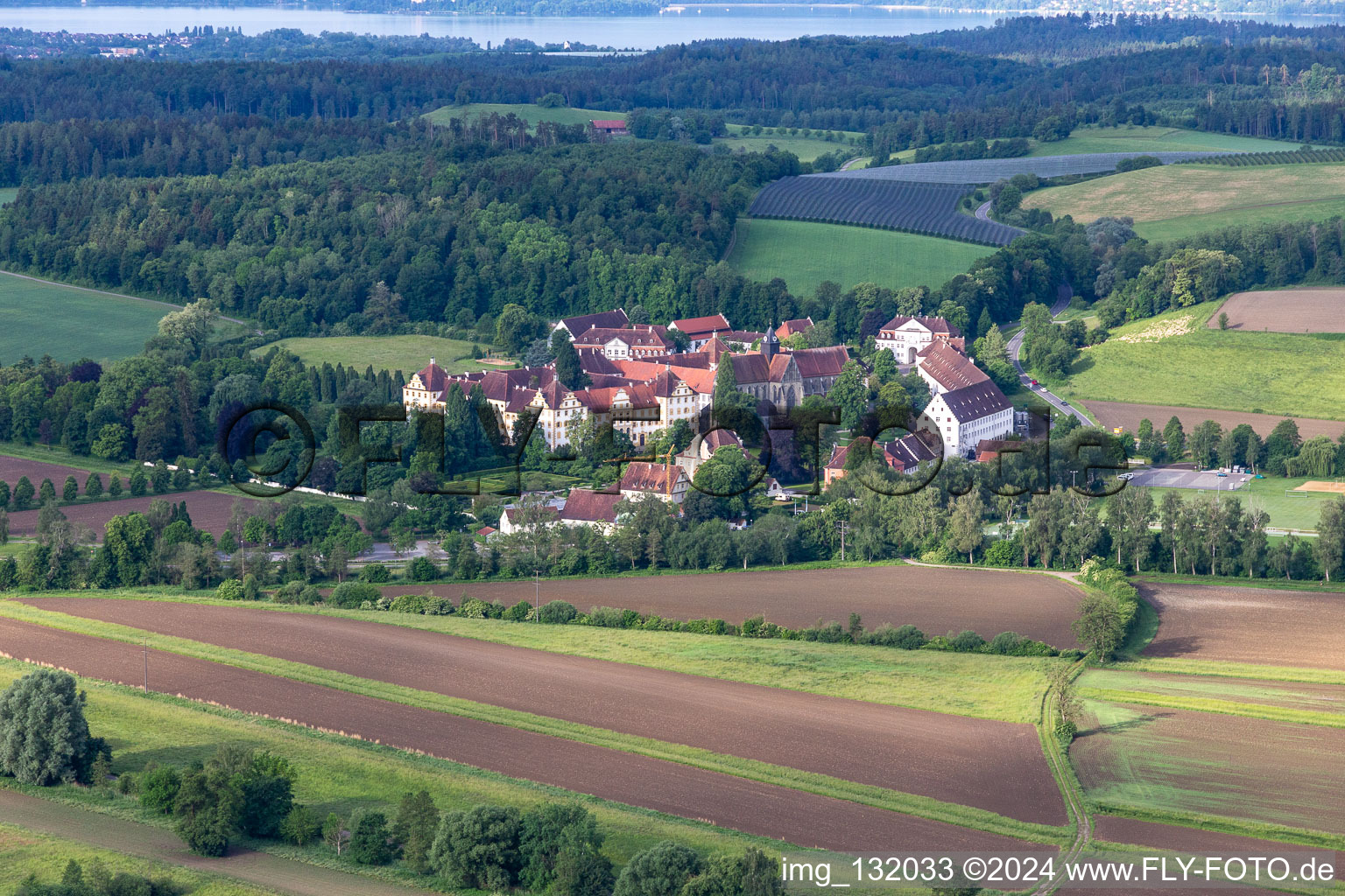 Aerial view of Monastery, school and castle Salem in the district Stefansfeld in Salem in the state Baden-Wuerttemberg, Germany