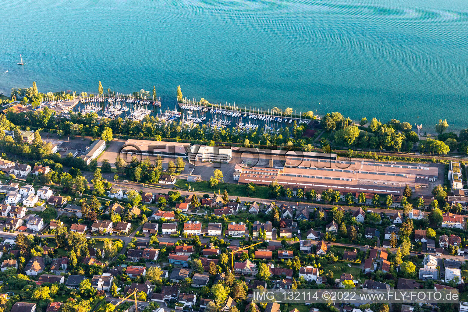 Aerial view of MTU-Friedrichshafen at the Sportboot Hafen Ost in Überlingen in the state Baden-Wuerttemberg, Germany