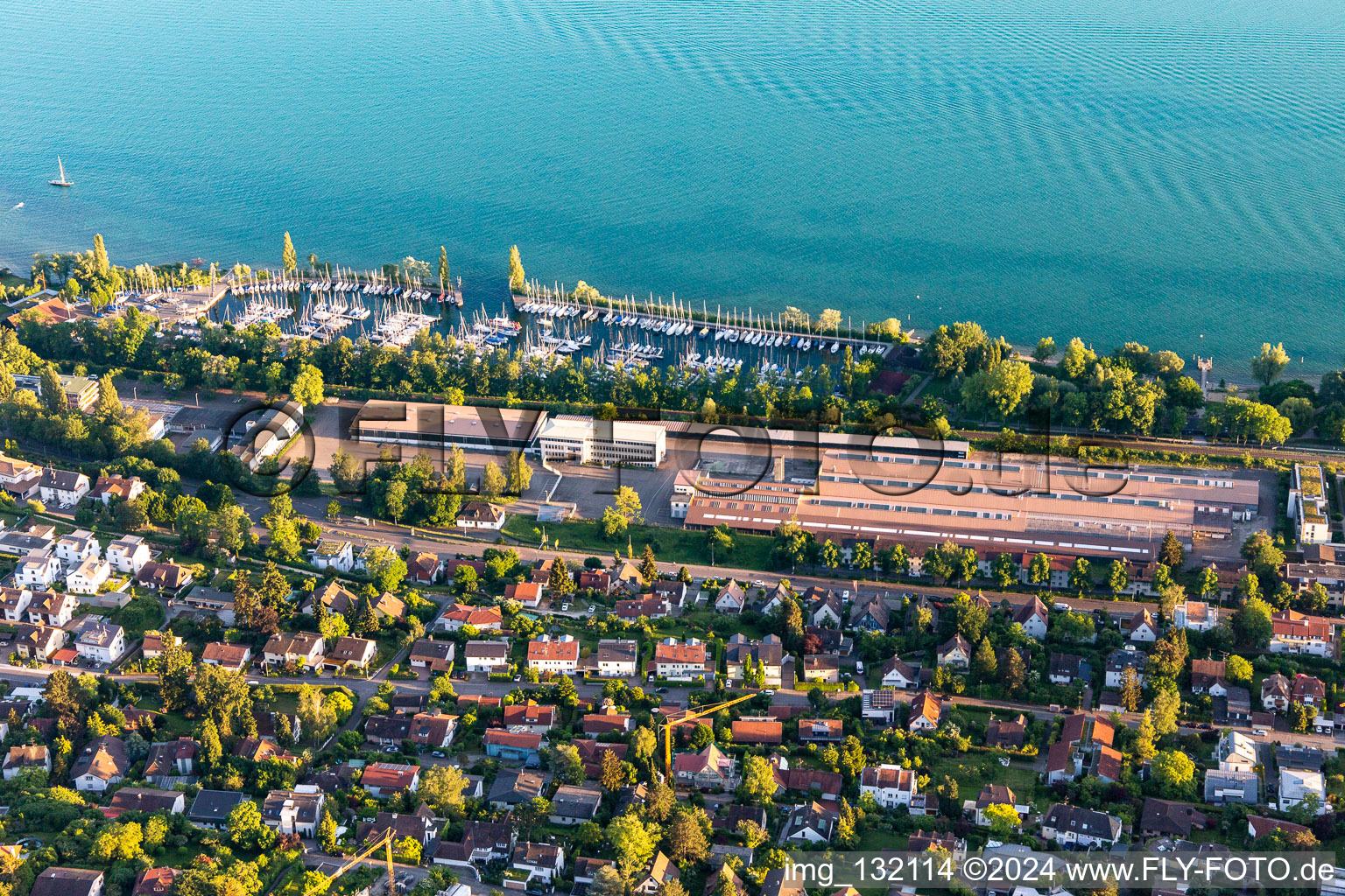 Aerial view of MTU-Friedrichshafen at the Sportboot Hafen Ost in Überlingen in the state Baden-Wuerttemberg, Germany