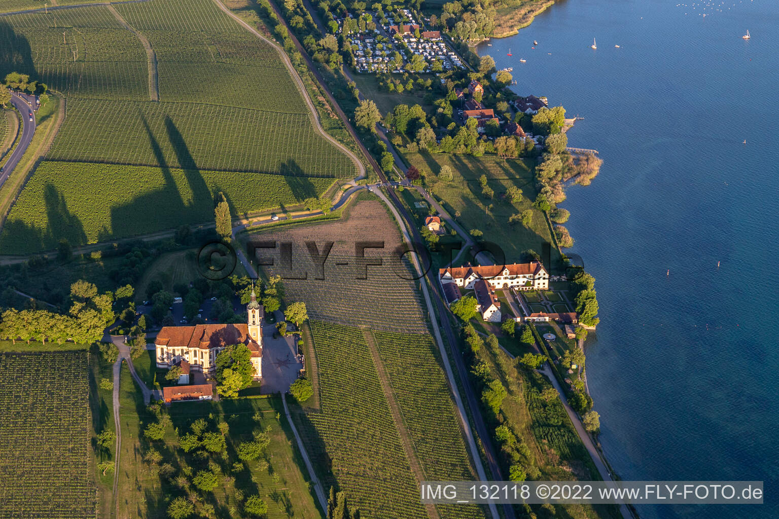 Aerial view of Cistercian Priory Monastery Birnau in the district Seefelden in Uhldingen-Mühlhofen in the state Baden-Wuerttemberg, Germany