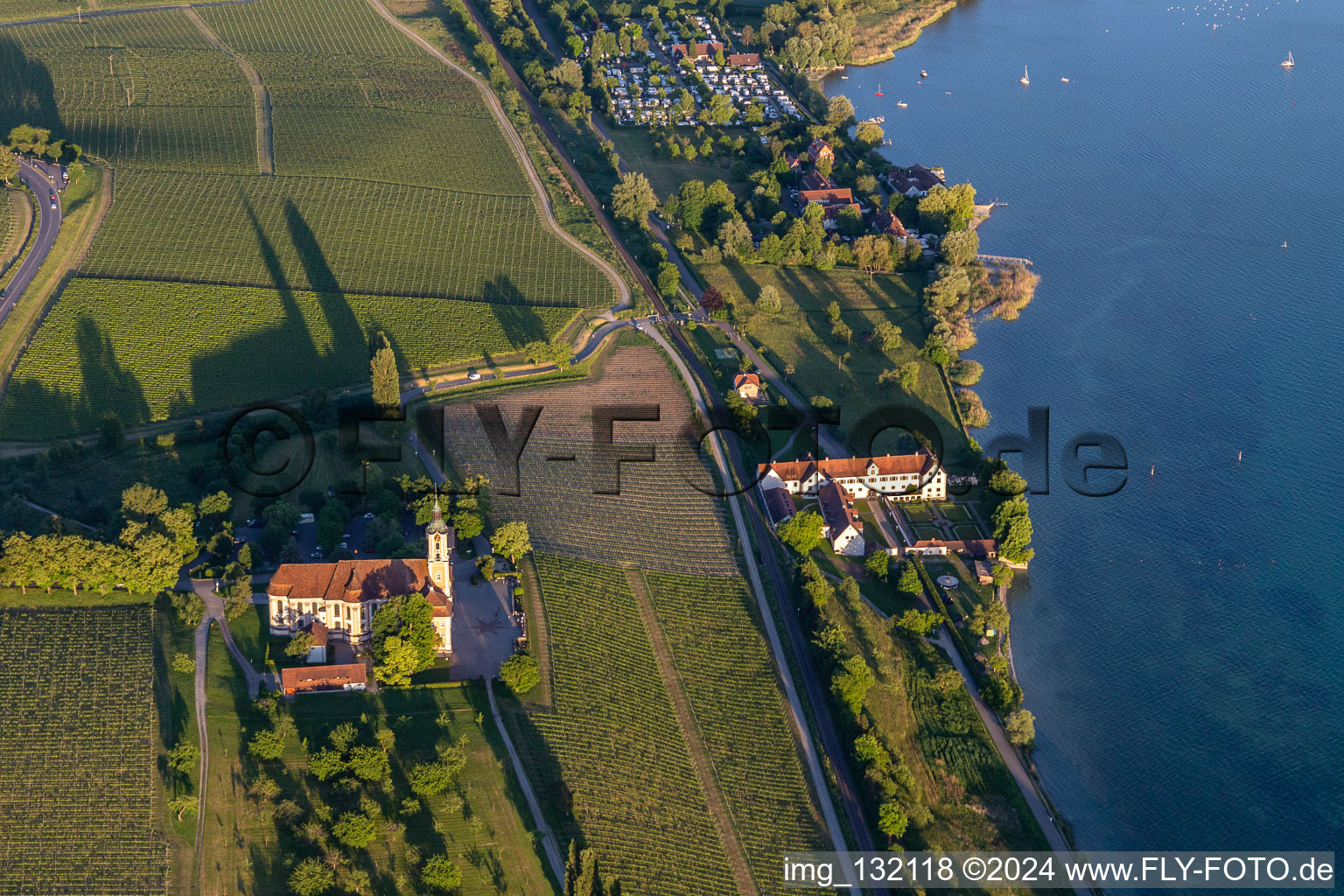 Aerial view of Cistercian Priory Monastery Birnau in the district Seefelden in Uhldingen-Mühlhofen in the state Baden-Wuerttemberg, Germany