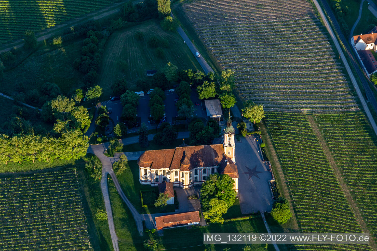Aerial photograpy of Cistercian Priory Monastery Birnau in the district Seefelden in Uhldingen-Mühlhofen in the state Baden-Wuerttemberg, Germany