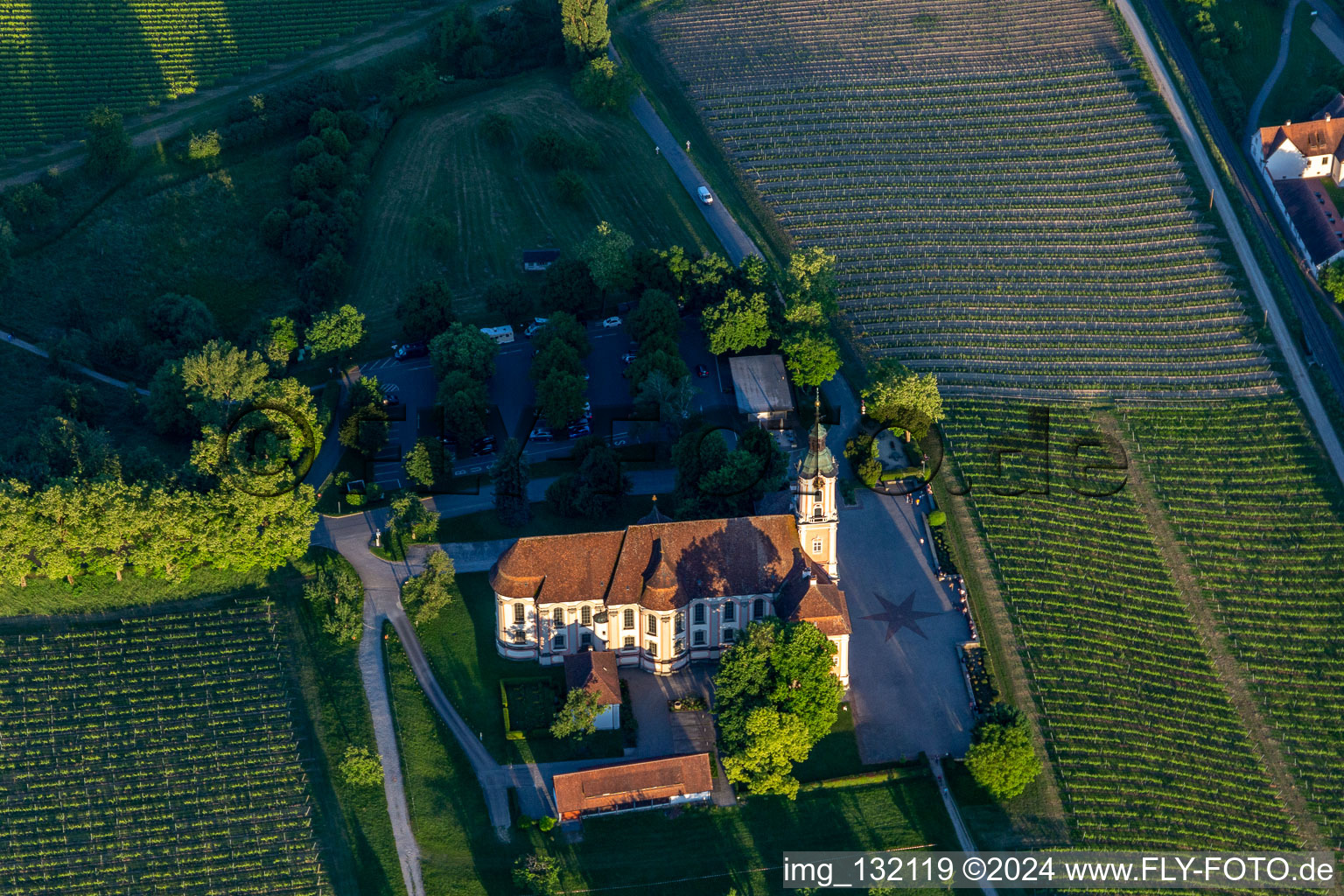 Aerial photograpy of Cistercian Priory Birnau Monastery in the district Seefelden in Uhldingen-Mühlhofen in the state Baden-Wuerttemberg, Germany