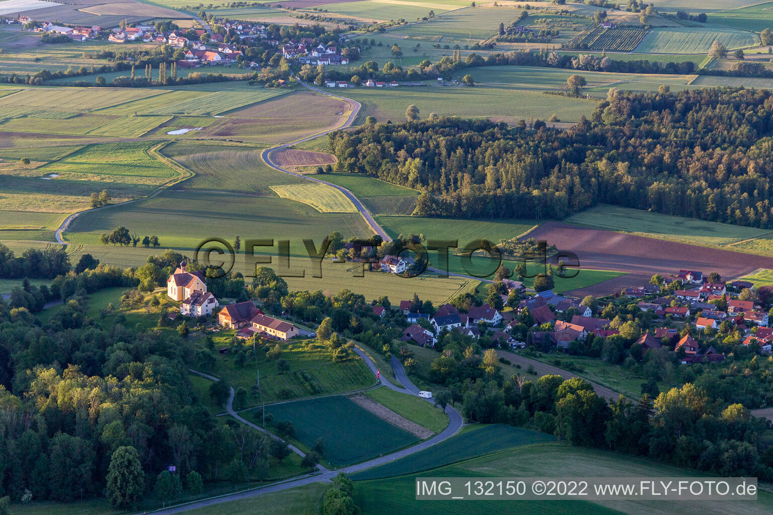 Aerial view of Pilgrimage church of Mary to Mount Carmel in Baitenhausen in Meersburg in the state Baden-Wuerttemberg, Germany