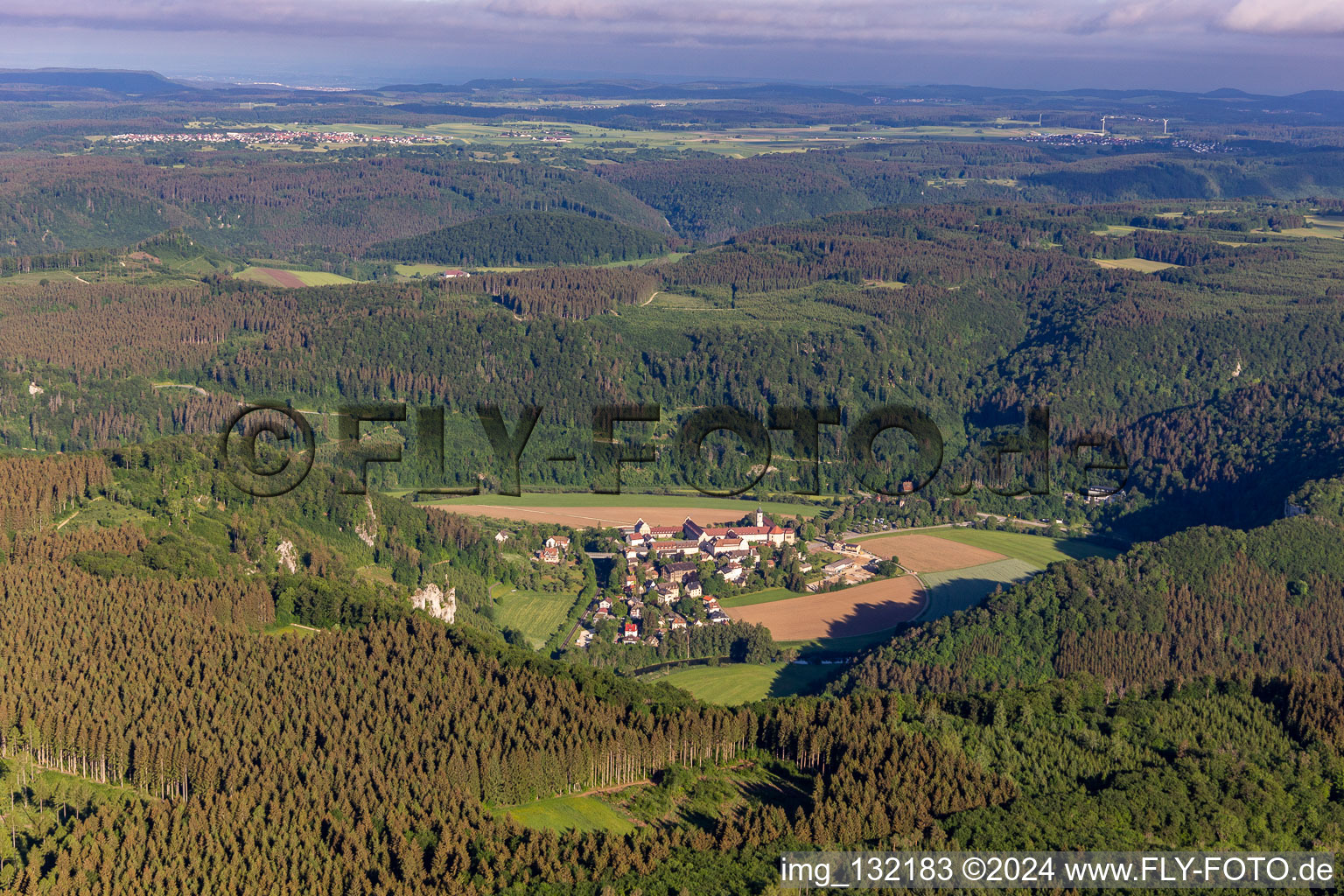 Aerial view of Benedictine Archabbey of St. Martin / Monastery Beuron in Beuron in the state Baden-Wuerttemberg, Germany