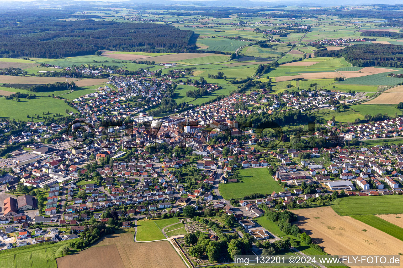 Drone recording of Meßkirch in the state Baden-Wuerttemberg, Germany