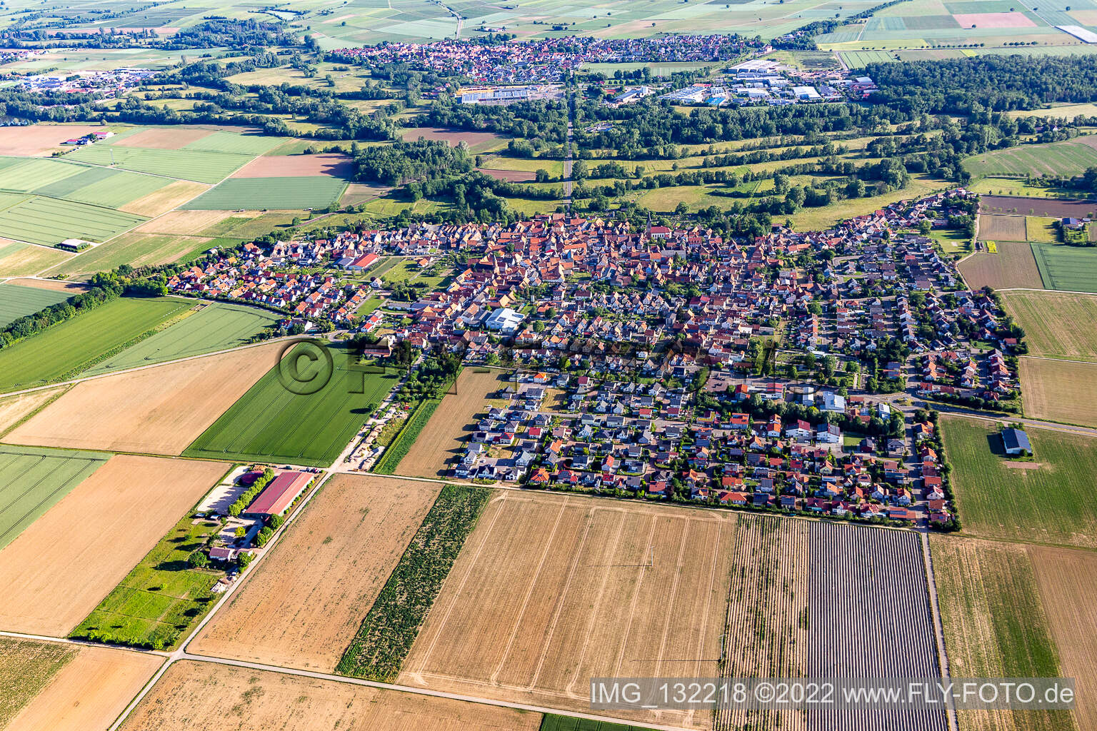 Steinweiler in the state Rhineland-Palatinate, Germany seen from a drone