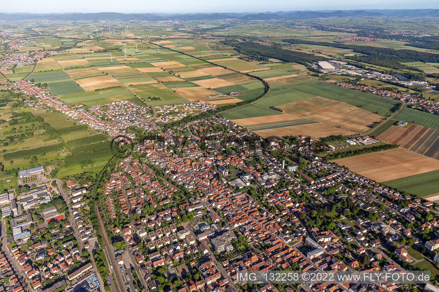 Aerial view of Hauptstrasse and Saarstr in Kandel in the state Rhineland-Palatinate, Germany