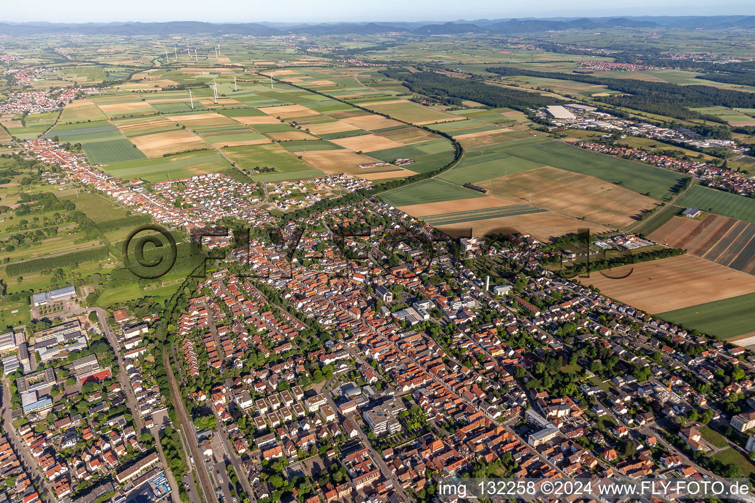 Aerial view of Hauptstrasse and Saarstr in Kandel in the state Rhineland-Palatinate, Germany