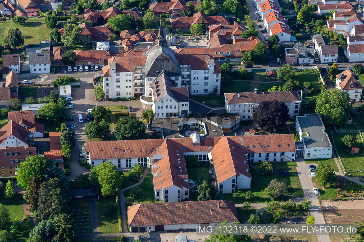 Aerial view of St. Paul's Abbey Herxheim in the district Herxheim in Herxheim bei Landau in the state Rhineland-Palatinate, Germany