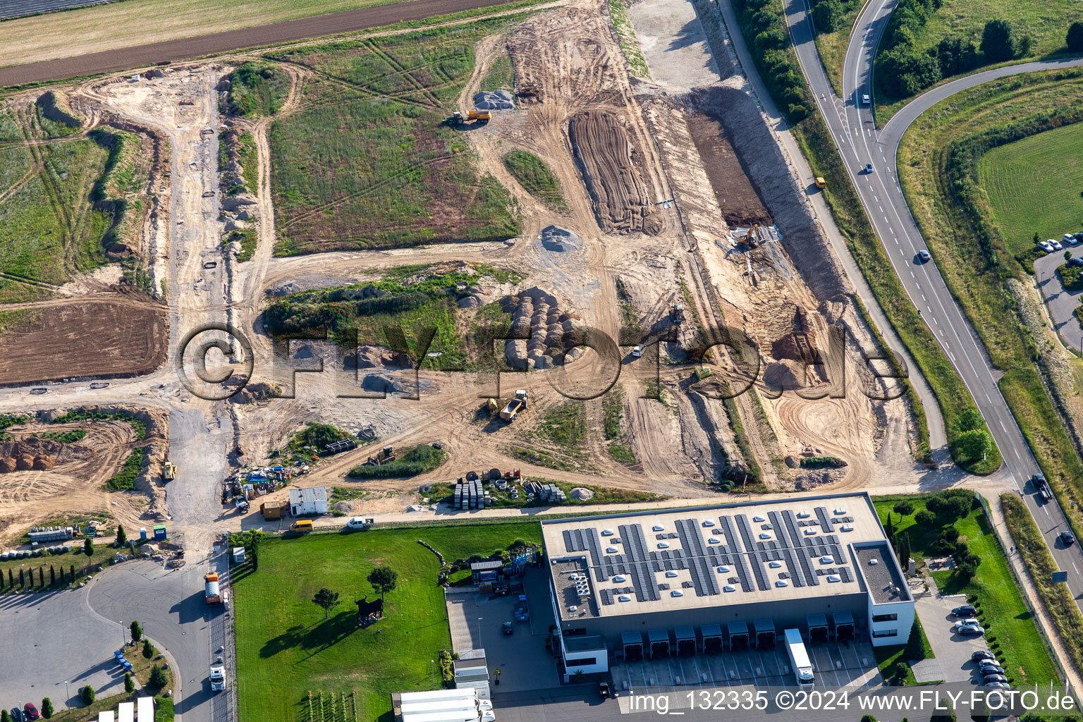 Aerial view of Expansion of the northern industrial area in Rülzheim in the state Rhineland-Palatinate, Germany