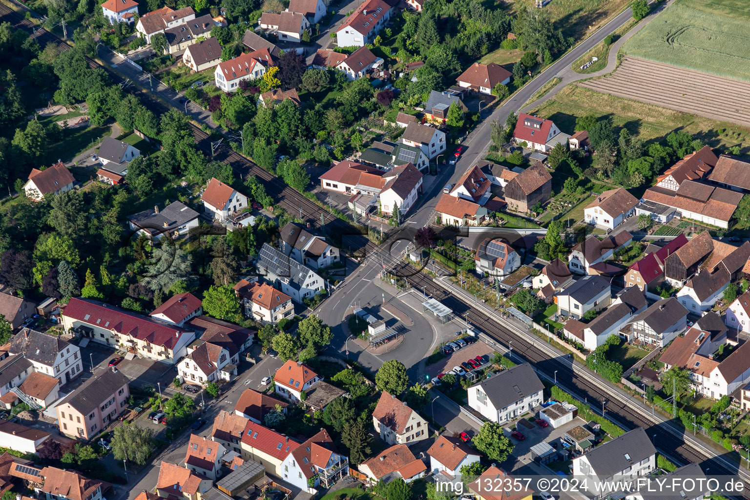 Oblique view of Mühlgasse railway crossing in Rheinzabern in the state Rhineland-Palatinate, Germany